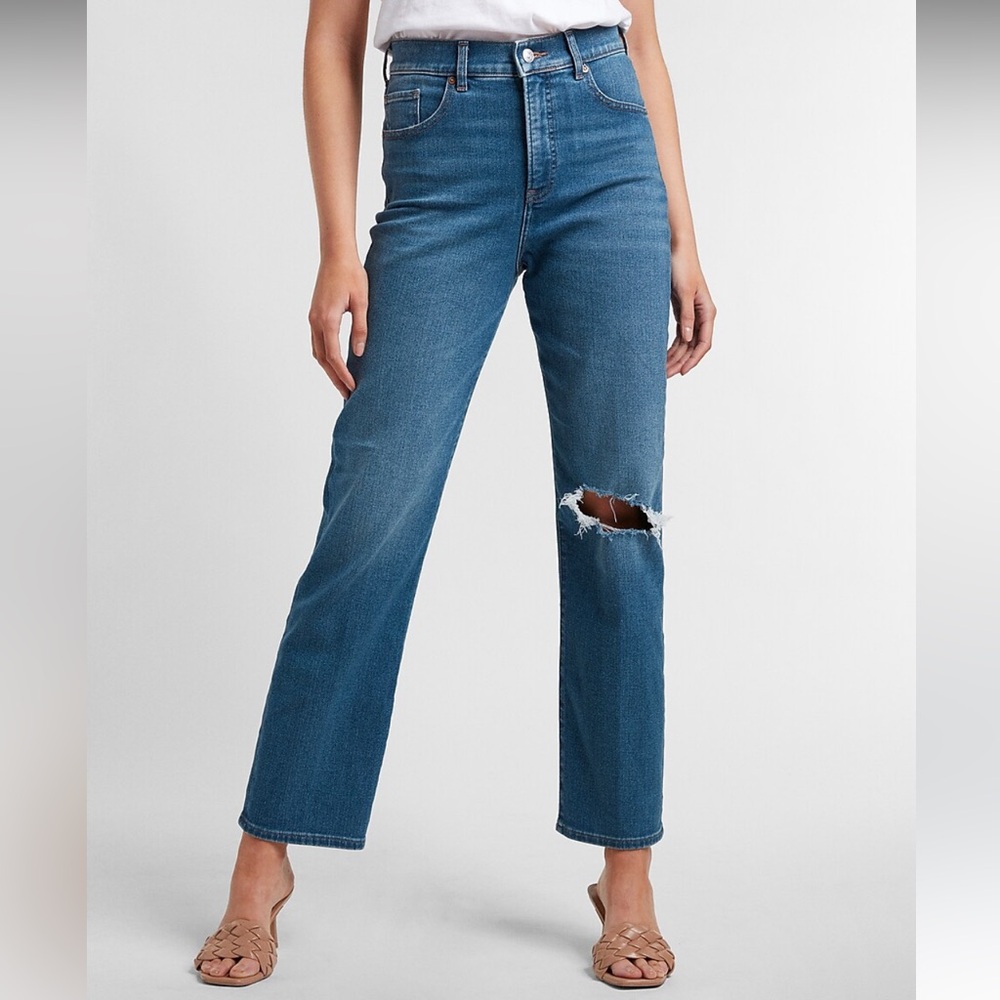 Express Super High Waisted Ripped Modern Straight Jeans